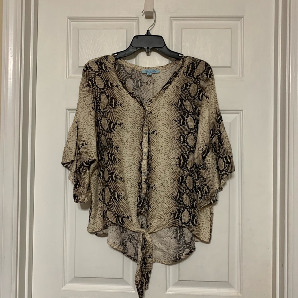 She & Sky flowy snake print blouse with tie front